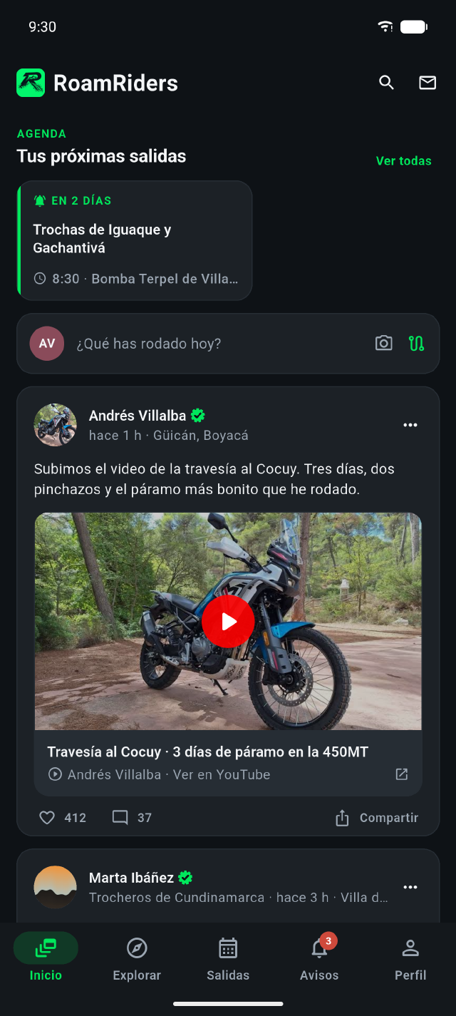 El muro de RoamRiders, con las próximas salidas y una publicación con video