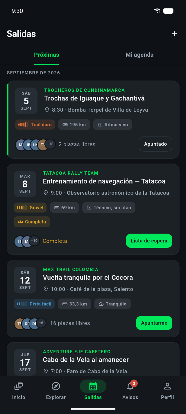 Lista de salidas con plazas libres